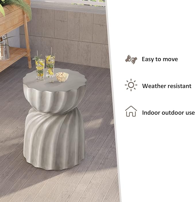 HOMPUS Unique Outdoor Concrete Side Table Set of 2, Garden Stool, 2 Piece Round Patio MgO End Table, Lightweight Small Accent Table for Indoor Outdoor Use, Patio, Garden, Backyard, Natural Grey