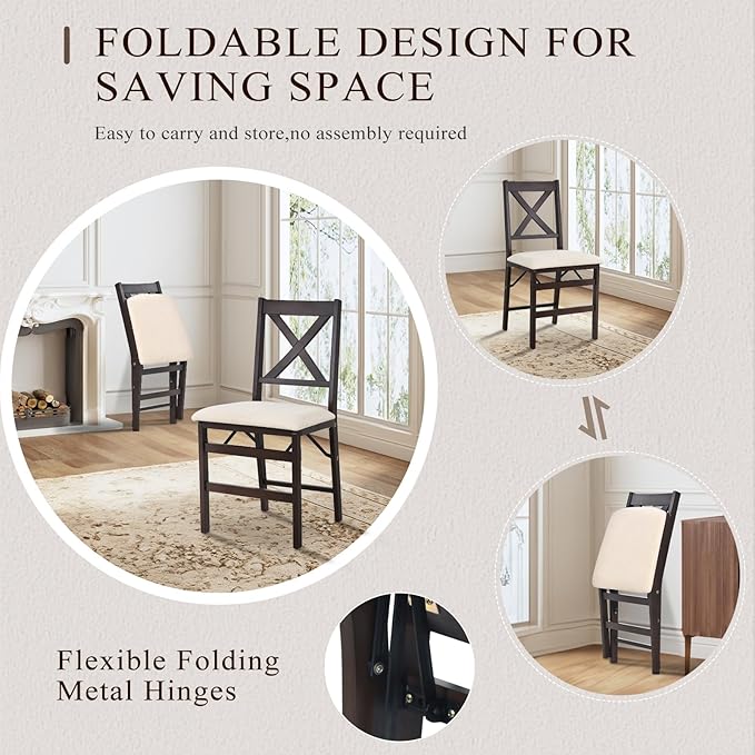 COLAMY Folding Dining Chairs Set of 2, Foldable Chairs with Padded Seats, Wood Folding Dining Room Chairs for Dinner, Kitchen, Party, Camping, Beige