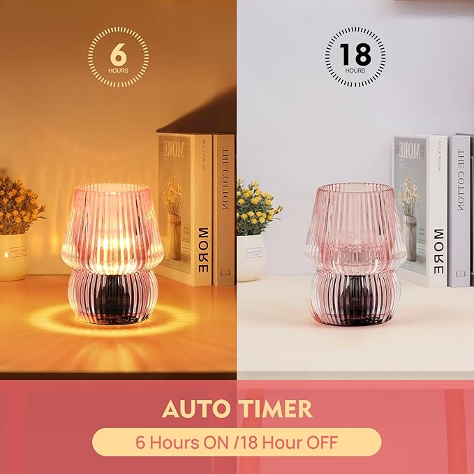 Battery Operated Lamp with Timer, Small Cute Cordless Glass Table Lamp for Home Decor, Kitchen, Bathroom, Birthday Gift for Women, Mushroom, Pink