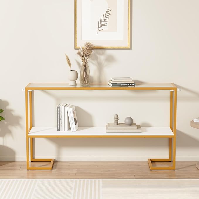 Console Sofa Table, 52" Modern Entryway Table, 2-Tier Open Shelf with Tempered Glass, Metal Frame Behind Couch Table with Gold Metal Frame for Living Room Hallway Entrance, White