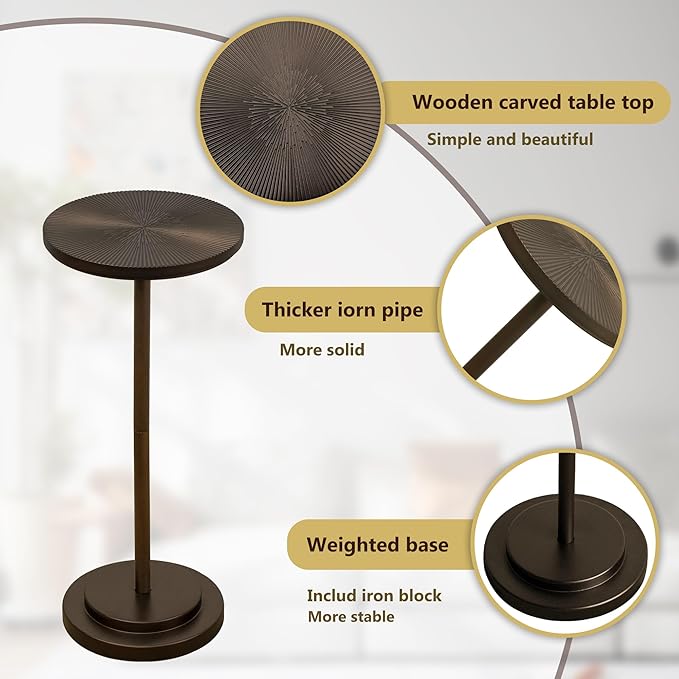 Drink Table, Carved Table Top Martini Table, Small Side Table, Weighted Base Pedestal Table for Living Room, Bedroom, Bathroom, Brown