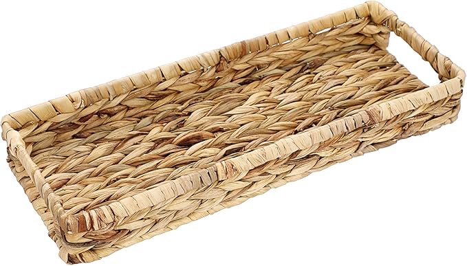 Hipiwe Wicker Toilet Tank Basket 16.9 Inch Bathroom Vanity Tray for Long Back of Toilet, Rectangle Woven Hyacinth Decorative Countertop for Paper Hand Towel