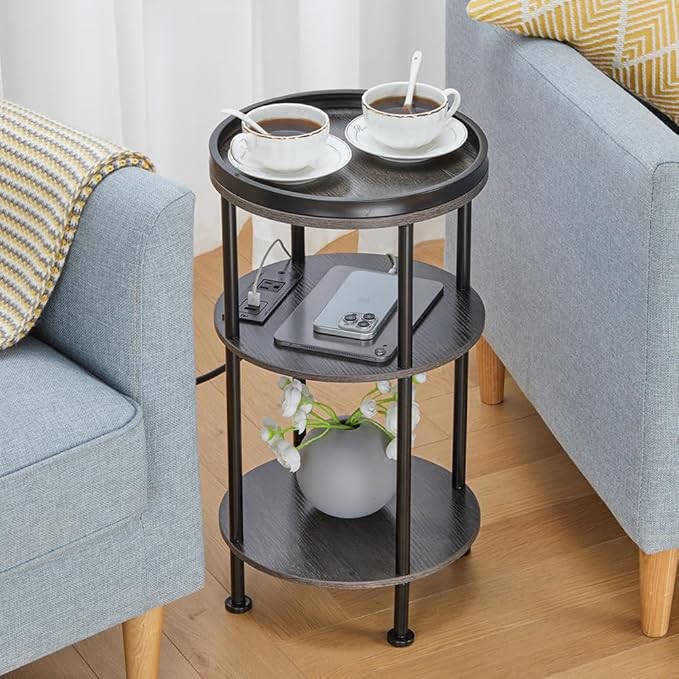 Small Round Side Table with Charging Station for Small Spaces, 3-Tier Accent Table with USB Ports & Power Outlets, Sofa Corner Tea Table for Living Room Nightstand Bedroom Apartment (Grey)
