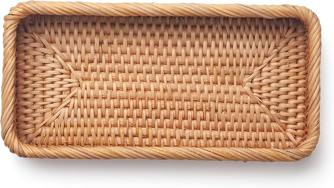 Rattan Bathroom Vanity Trays Toilet Tank Baskets Long Narrow Hand Towel Storage Basket for Storage, Decorative (Natural 10.2 x 4.9 x 1.6 inch)