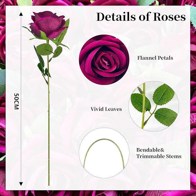 10 PCS Artificial Roses with Long Stems Silk Flowers Realistic Foam Flowers Fake Roses for Valentine's Day Home Wedding Halloween Decor(Rose Red)