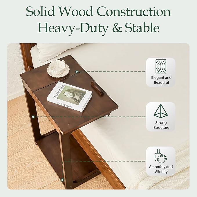 Wood Side Table for Couch - C Shaped Rolling End Table with Wheels Drawer, Wooden Modern Tv Tray Bedside Tables for Sofa Armchair Living Room Bedroom, Black Walnut, 15.4 in x 23.6 in x 24.8 in