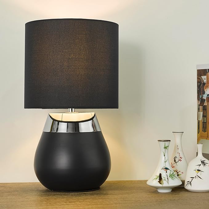 Small Modern Touch Eye Protection Bedside Table Lamp, 7 x 7 x 12 Inch Dark Blue Metal Base Table Lamp for Bedrooms and Office (Dark Blue Fabric Lampshade)