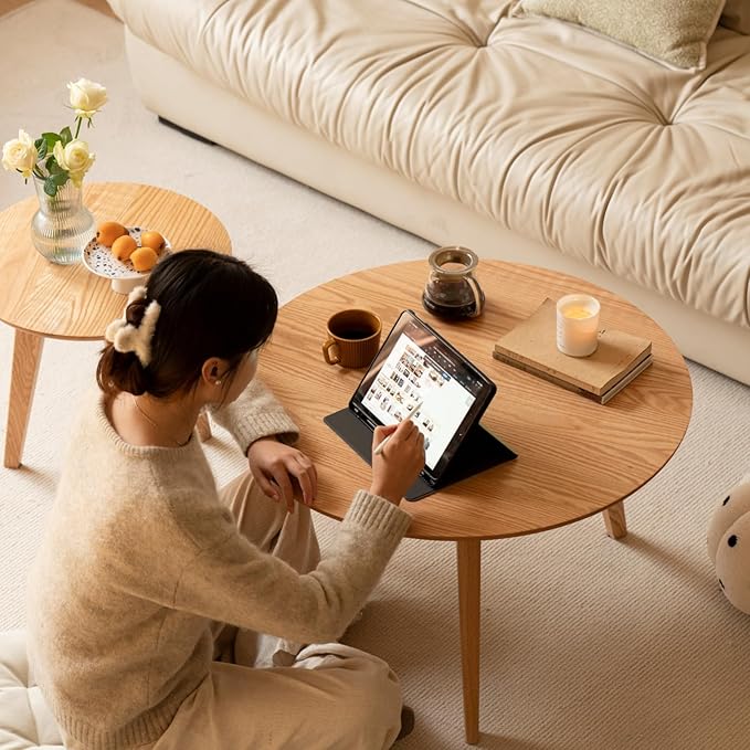 100% Solid Oak Wood Mini Coffee Table, Round Cofffe Tables Side Table w/Solid Wood Legs, Walnut Mid Century Table for Bedroom Balcony Living Room (29.53" D x 17.72" H)