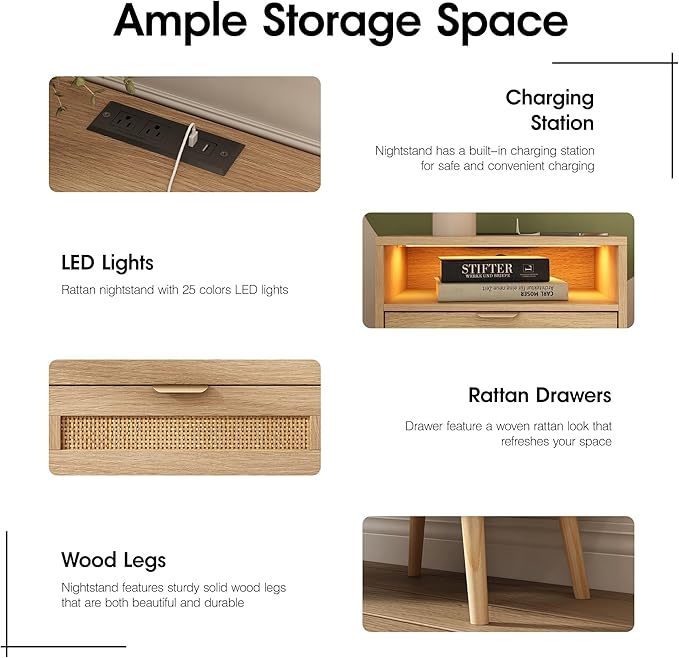 Rattan Nightstand with Charging Station USB Port Led Lights and 2 Storage Drawers, Bedroom Furniture Night Stand Bedside Table End Table (1 Pack)