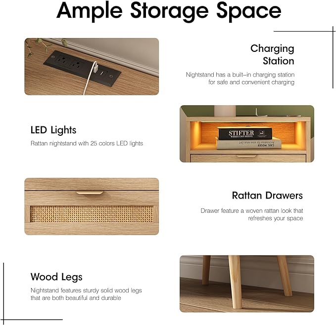 Real Rattan Nightstands Set of 2 with Charging Station and Led Lights, End Tables with 2 Drawers and Wood Legs, Bedside Tables, Boho Night Stand Set 2 for Bedrooms, Side Tables (2 Pack)