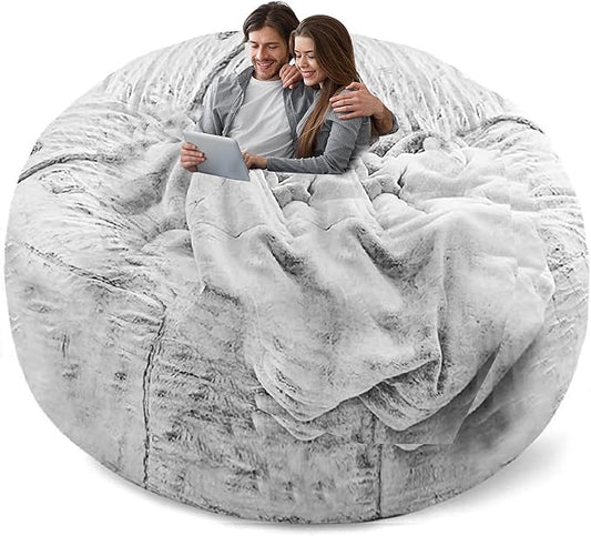 (No Filler Bean Bag Chair Cover Without Filler,Big Round Soft Fluffy PV Velvet Washable Bean Bag Lazy Sofa Bed Cover for Adults,Living Room Bedroom Furniture Outside,5ft Snow Grey