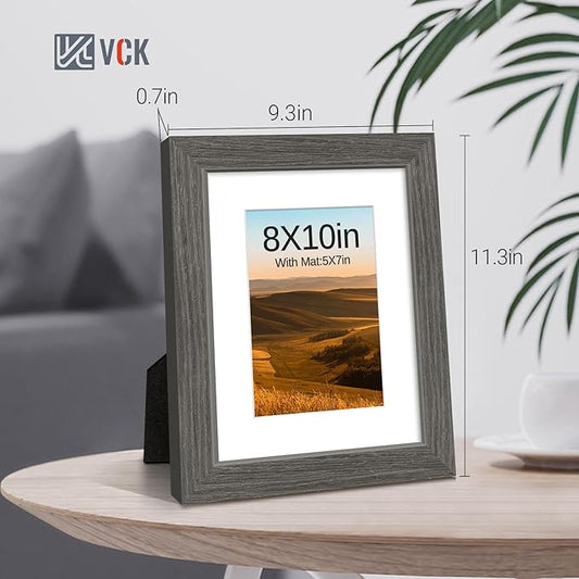 VCK 8x10 Picture Frame 2 Pack - Grey, High-End Wood Poster Frames with Tempered Glass, Display 5x7 Photo with Mat or 8x10 without Mat, Art Gallery-Quality, Wall Hanging/Tabletop, Grey