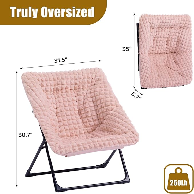 HollyHOME X-Large Saucer Chair, Comfy Oversized Folding Chair, Faux-Fur Reading Chair for Teens, Adults, Foldable Accent Lazy Chair, Metal Lounge Chair for Living Room, Bedroom, Dorm, Grid Pink