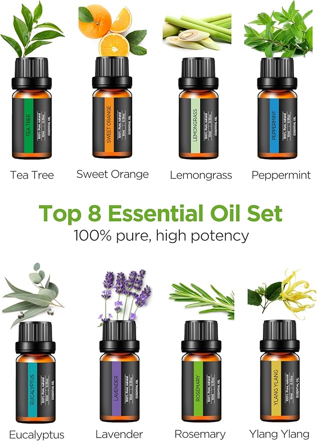 InnoGear Aromatherapy Diffuser & 8 Essential Oils Set, 300ml Premium 5-in-1 Ultrasonic Essential Oil Diffusers Scent Humidifier Aroma Diffuser Vaporizer Auto-Off Timer for Room Office Home, Yellow