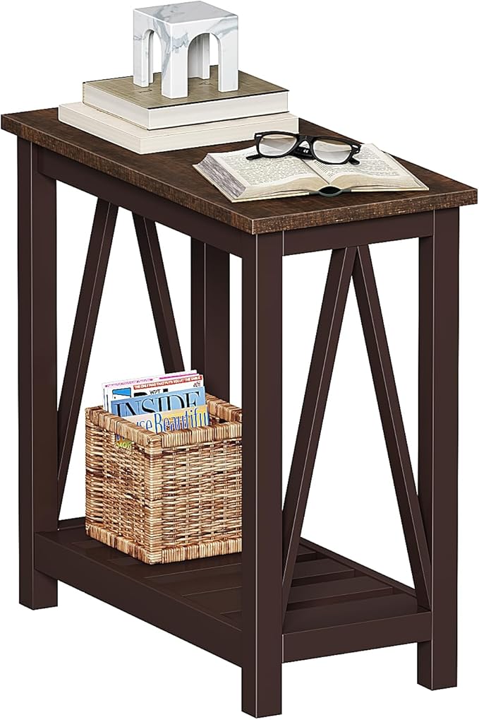 ChooChoo Farmhouse End Table, Rustic Vintage Narrow End Side Table with Storage Shelf for Small Spaces, Nightstand Sofa Table for Living Room, Bedroom Espresso