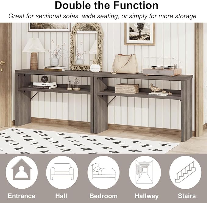 BON AUGURE Sofa Console Table, Wood Entryway Table, Grey Behind Couch Tables with Open Storage, Modern Narrow Hallway Tables (Greige Oak, 47 Inches)