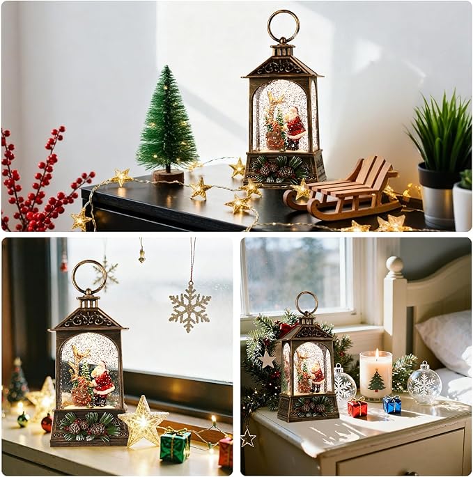 Christmas Lantern,Christmass Snow Globe Lantern Lights with 8 Christmas Songs,Battery & USB Powered,Christmass Snow Swirling Glitter Water Globe Lanterns for Xmas Home Decoration Holiday Party Gifts.