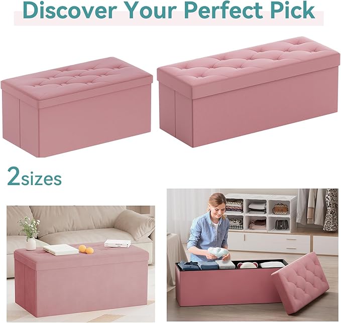BRIAN & DANY Folding Storage Ottoman Bench, Ottoman with Storage, Foot Rest, Benches Seat for Bedroom, Living Room, Entryway, Long Shoes Bench, 15.7" x 31.5" x 15.7" Hot Pink