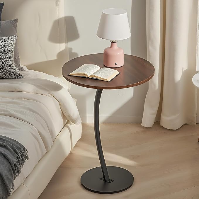 C-Shaped End Table, Round End Table for Living Room，Small Side Table for Couch, Retro Sofa Table with Metal Frame for Bedroom, Bedside Nightstand Rustic (Walnut)