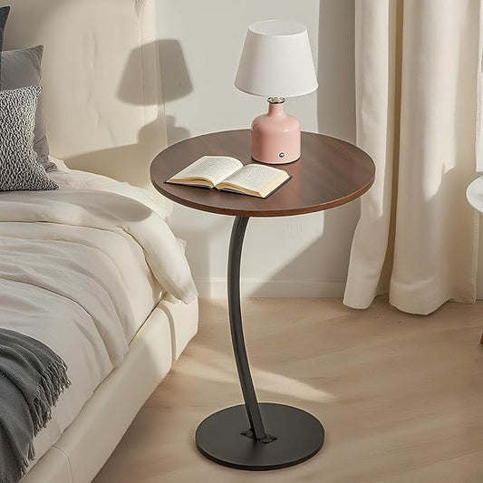C-Shaped End Table, Round End Table for Living Room，Small Side Table for Couch, Retro Sofa Table with Metal Frame for Bedroom, Bedside Nightstand Rustic (Walnut)