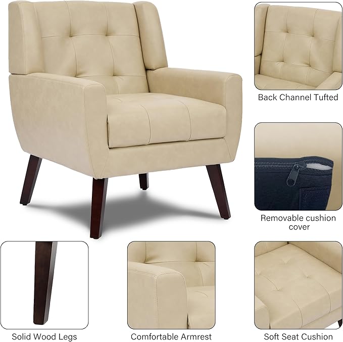 Pia Ricco 2 Pack Mid Century Modern Accent Chairs, Button Tufted Faux Leather Armchairs - Easy-Clean Matching Set for Living Room, Durable Sofa Chairs for Home Office & Lounge, Cream