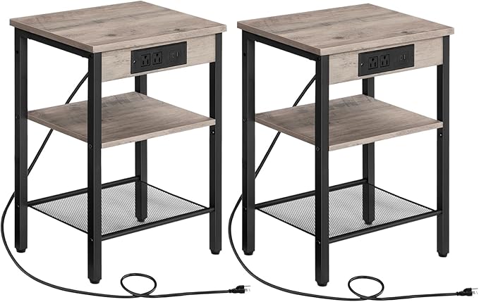 HOOBRO End Tables Set of 2 with Charging Station and USB Port, 3-Tier Nightstands with Adjustable Shelves, Small Side Tables for Small Space in Living Room, Bedroom and Balcony, Greige BG112BZP201