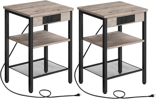 HOOBRO End Tables Set of 2 with Charging Station and USB Port, 3-Tier Nightstands with Adjustable Shelves, Small Side Tables for Small Space in Living Room, Bedroom and Balcony, Greige BG112BZP201