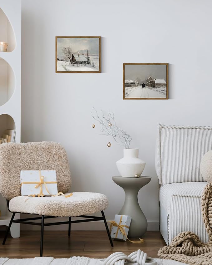 ARPEOTCY Vintage Cottage Framed Canvas Wall Art Prints, 8x10in, Winter Snow Antique Farmhouse Art Room Decor, Christmas Gifts, Rustic Winter Oil Paintings for Living Room Bedroom Bathroom