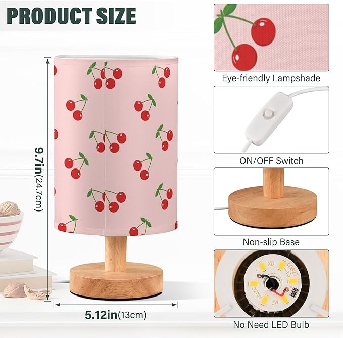 Table Lamp Pretty Cherry Pattern on Pink Nightstand Lamp with Wood Base Fabric Lamp Shade Bedside Desk Lamp for Living Room Bedroom Kids Room Office