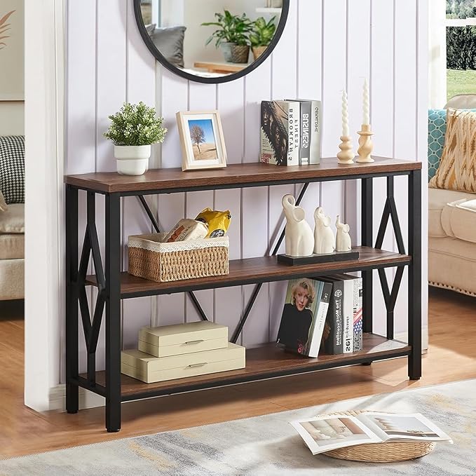 HOMISSUE Sofa Console Table, Rustic Console Table with 3-Tier Storage, Engineered Wood Sofa Tables with Open Shelves, Heavy Duty Entryway Tables for Living Room, Hallway (47 Inch, Rustic Brown)