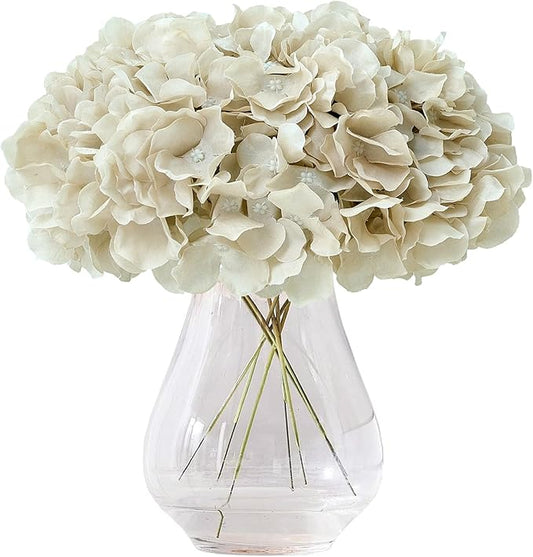 10Pcs Hydrangea Artificial Flowers Beige Heads Fake Silk Flowers Full Silk Flowers with Stems Wedding Home Party Shop Baby Shower Decor