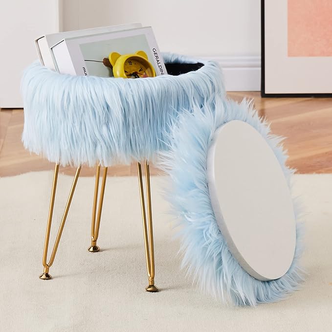 Mxfurhawa Faux Fur Storage Ottoman Round Furry Vanity Stool Marble Grain Tray Coffee Table Compact Footrest Stool with 4 Metal Legs Soft Makeup Seat Foot Stools for Living Room Bedroom Entryway Blue
