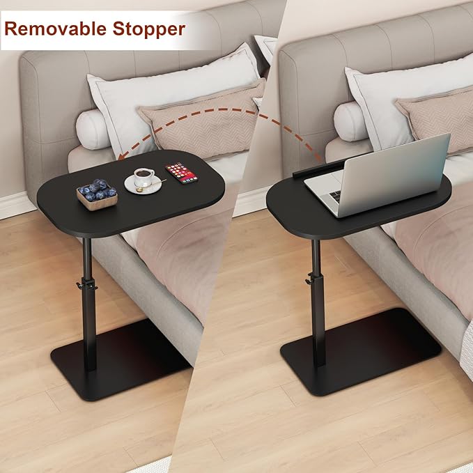 Solid Wood C Shaped Side Table for Sofa/Bed, Adjustable Height C Shaped End Table Metal Base, 360°Swivel/Flip Top Couch Tables That Slide Under, Small Spaces Laptop Stand Coffee Table (Black)