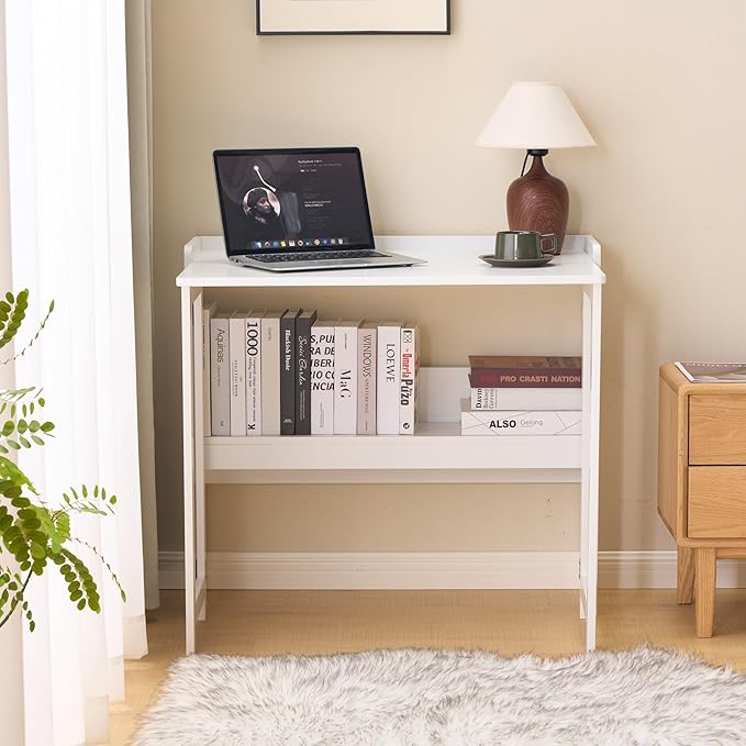 Folding Table with Storage Shelf,32.7 Inch Foldable Computer Desk for Small Spaces,Small Writing Desk for Bedroom Home Office Dorm and Apartment (White)