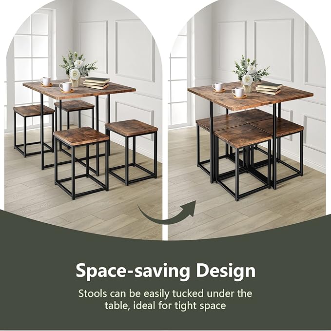 COSTWAY 5 Piece Dining Table Set, Counter Kitchen Table and Chair Set for 4 Includes 1 Square Table and 4 Stools, Space-Saving Pub Dining Set for Living Room, Breakfast Nook, Coffee Shop (Brown)