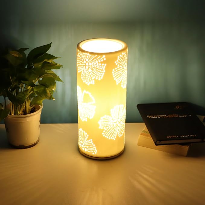 Small Modern Ceramics Bedside Table Lamp, 4.5 x 4.5 x 11 Inch White Flowers Style Nightstand Lamps, Side Table Lamps for Bedroom Living Room Entryway Table Light