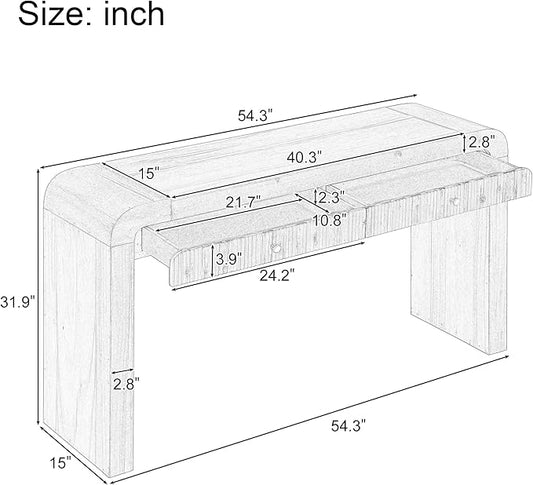 kevinplus 54.3'' Rustic Wood Console Table Sofa Table with Fluted Drawer Storage for Entryway, Modern Elegant Design & Curved Edge, Easy Assemble, Brown