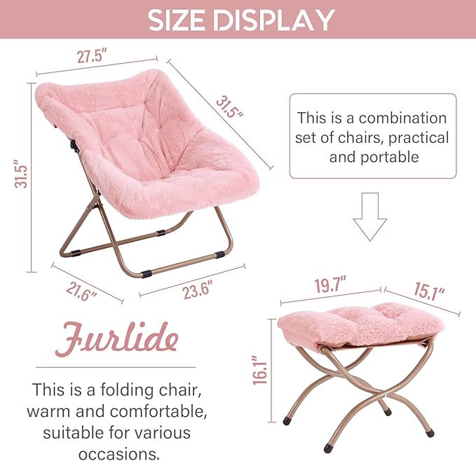 Dorm Chair with Ottoman, X-Large Soft Saucer Chair, Oversized Folding Faux Fur Accent Chair, Foldable Metal Frame Chair for Bedroom, Living Room (Pink)