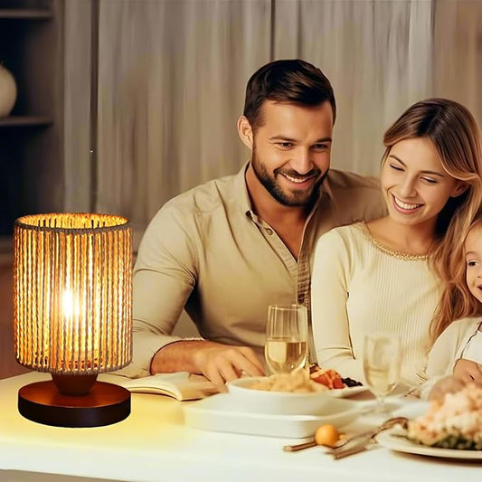 Rattan Table Lamp,Boho Small Beside Lamp,Farmhouse Table Lamp for Room Decor,Vintage Wicker Wooden Nightstand Bamboo Woven End Table Lamps for Bedroom Living Room Desk Kids Room,LED Bulb Included