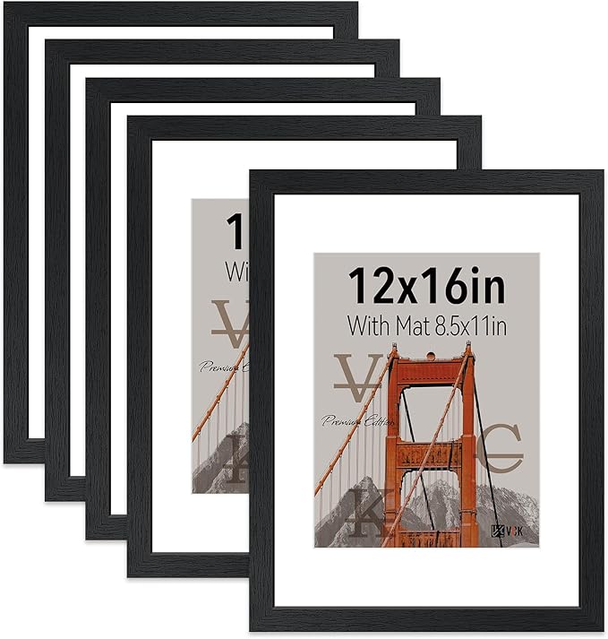 VCK 12x16 Picture Frame 5 Pack - Black, High-End Wood Poster Frames with Tempered Glass, Display 8.5x11 Photo with Mat or 12x16 without Mat, Art Gallery-Quality, Wall Hanging, Black