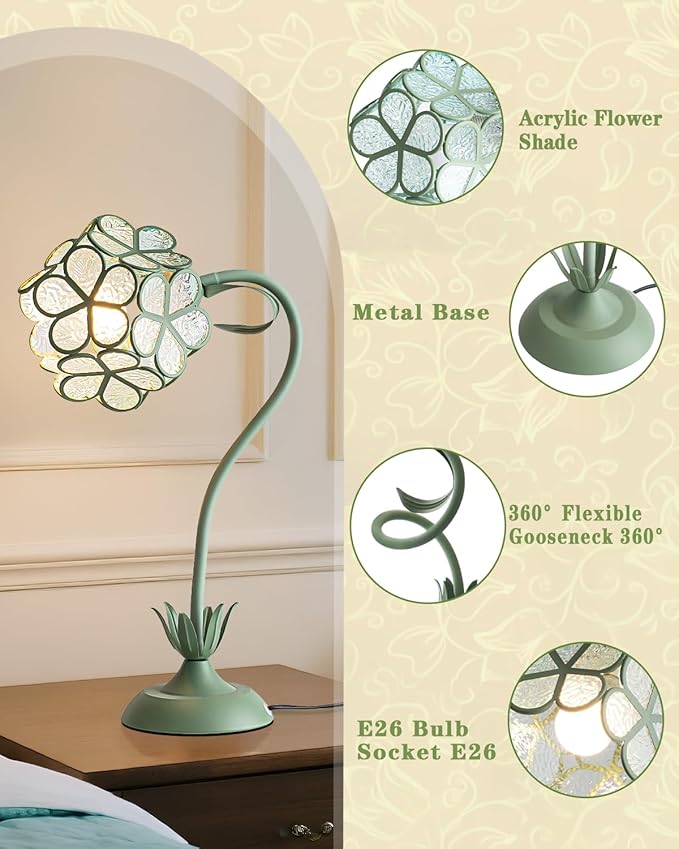Flower Table Lamp, Vintage Green Floral Desk Light with Artistic Glass Petal Shade, Cottagecore Ambient Bedside Nightstand Lamp for Bedroom, Living Room, Study, Gift