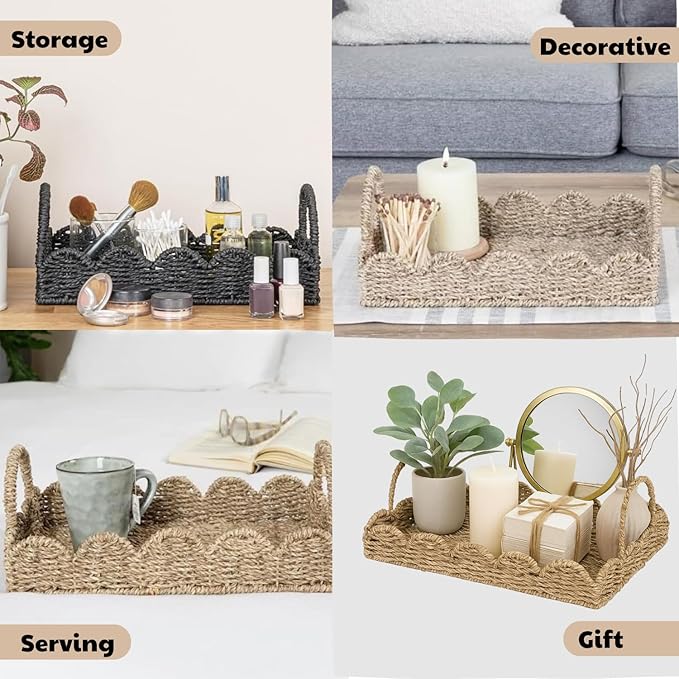 14" Handmade Wicker Tray with Scalloped Edge, Seagrass Basket with Handles, Decorative Boho Accent for Coffee Table or Ottoman, Holiday Serving