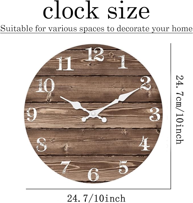 XFM Brown Wooden Wall Clock 10 Inch Silent Wall Clocks Battery Operated Decorative Farmhouse Small Rustic Wall Clock for Kitchen Living Room Office