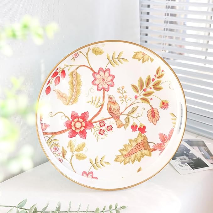 Spsyrine Decorative Serving Tray with Handles, Lacquered Coffee Table Tray for Ottoman, Round Waterproof Platters for Centerpieces, Parties, Living Room, Kitchen Counter Organization Yellow