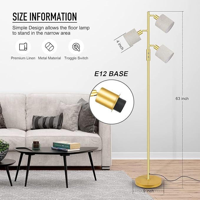 Gold Floor Lamps for Living Room, 3 Color Temperature, 3 Light Tree Standing Lamp, Minimalist Corner Floor Lamp with Lamp Shades Modern Pole Lamp for Bedroom Office Kids Room, Reading (5W LED Bulbs)