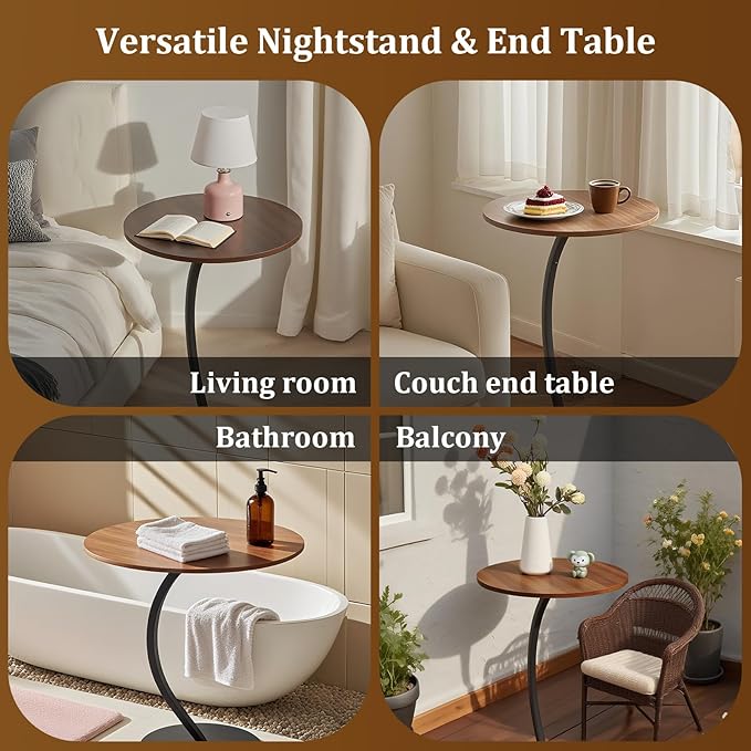 C-Shaped End Table, Round End Table for Living Room，Small Side Table for Couch, Retro Sofa Table with Metal Frame for Bedroom, Bedside Nightstand Rustic (Walnut)