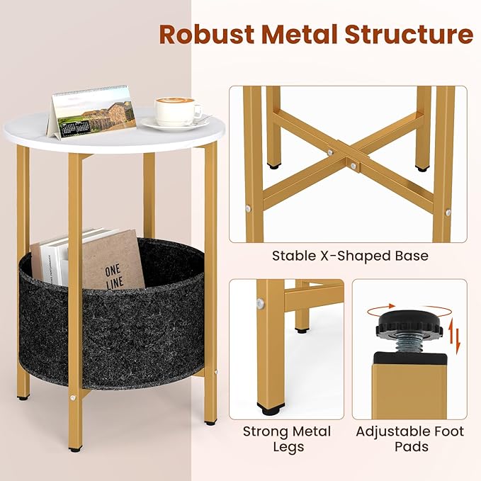 Giantex Round End Table Set of 2, Small Side Tables w/Removable Fabric Basket, Modern Bedside Tables w/Metal Frame, Sofa Couch Accent Tables for Small Space Living Room, Nightstand for Bedroom