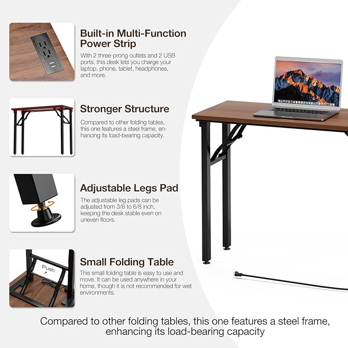 TEMI Small Computer Desk Folding Table - No Assembly, Compact 35.8" Foldable Desk with Power Outlets & USB Charging Port, Portable Small Office Desk, Ideal Mini Study Table for Narrow Spaces, Walunt