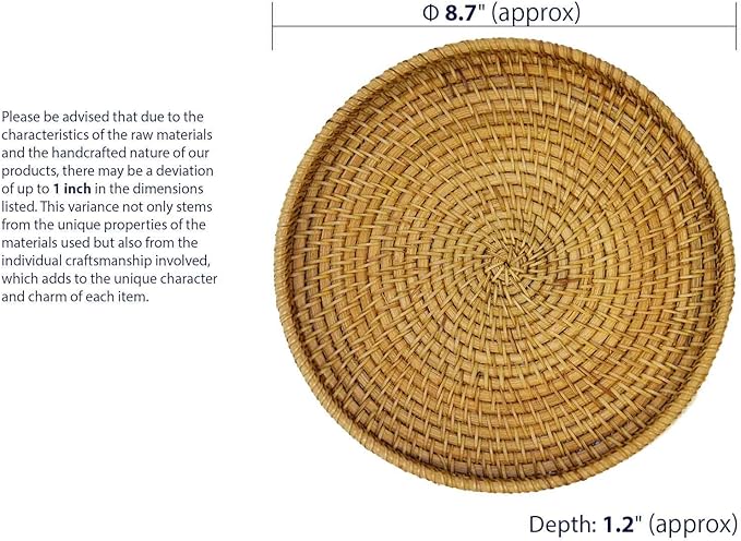 Hand Woven Rattan Serving Basket 8.7 inch - Round Platter for Fruit, Snacks, Appetizers, Bread, Breakfast, BBQs, Parties - Decorative Tray for Living Room, Kitchen, Dining Decor (Small)
