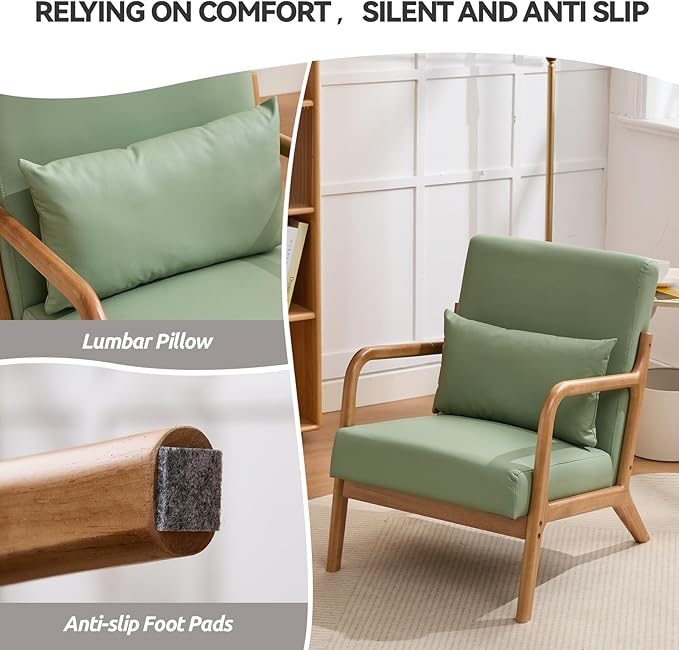 Mid Century Modern PU Leather Accent Chair, Living Room Chairs with Lumbar Pillow Boho Arm Chiar Reading Chair with Solid Wood Frame for Living Room Bedroom